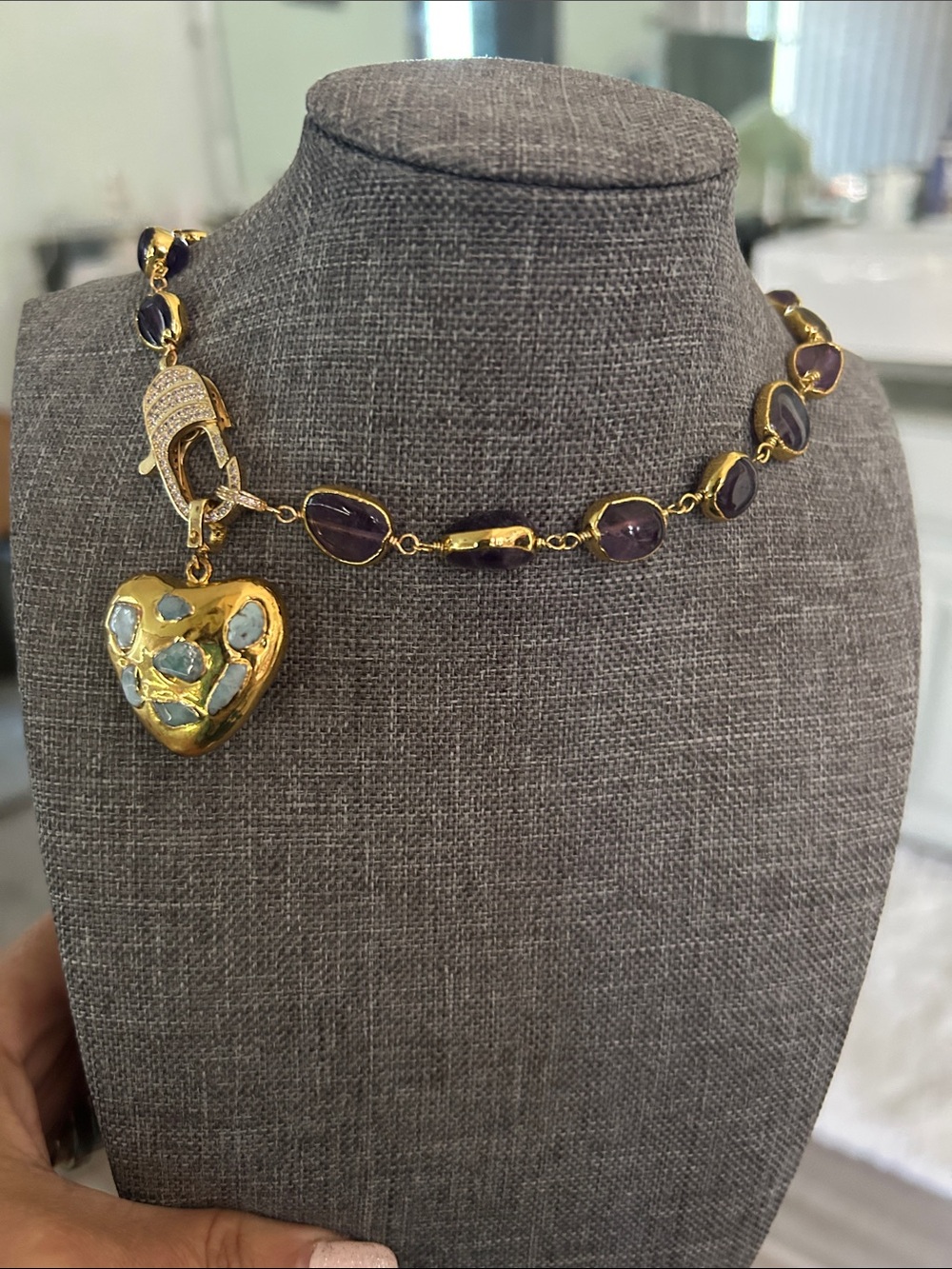 Gold-Tone Heart Charm Necklace with Purple Stone Stations